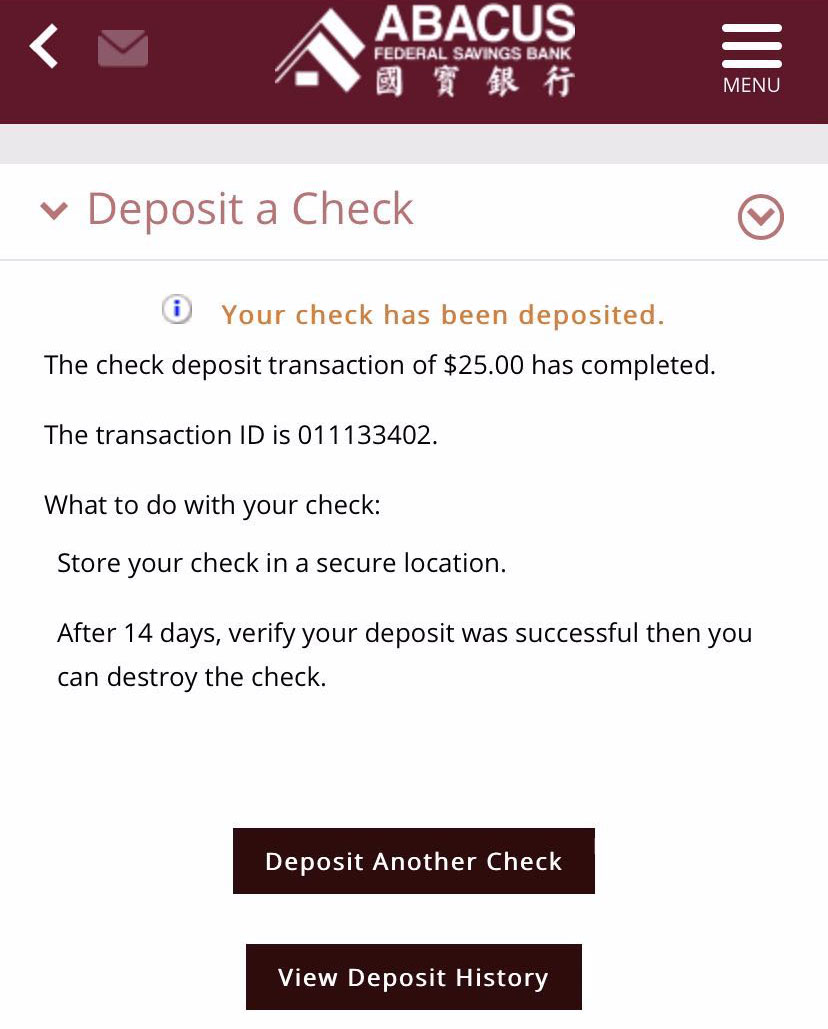 Abacus Online Bank Check Deposit Demo